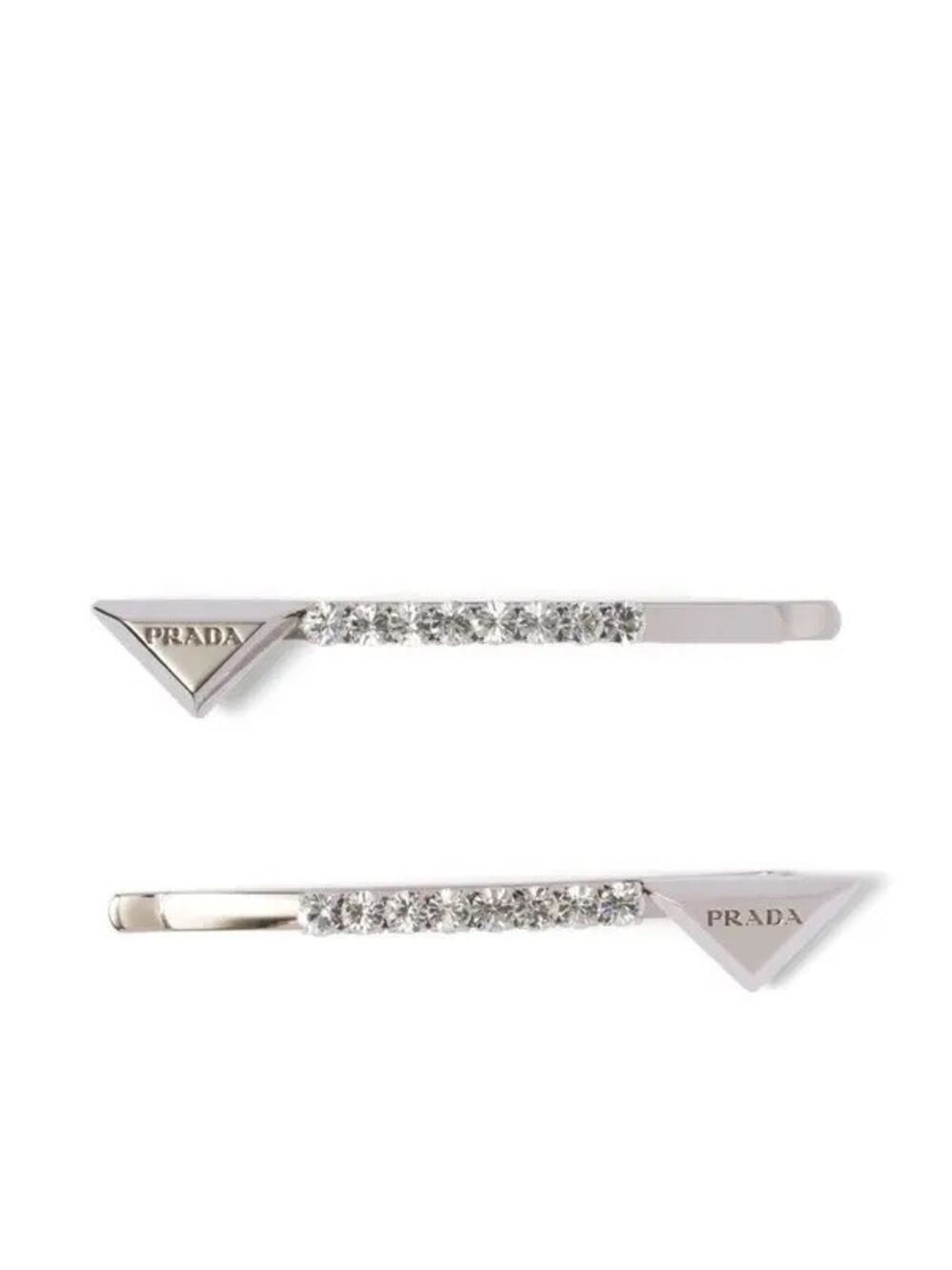 Prada Crystal Embellished Triangle Hair Clips Silver Set of 2 NIB